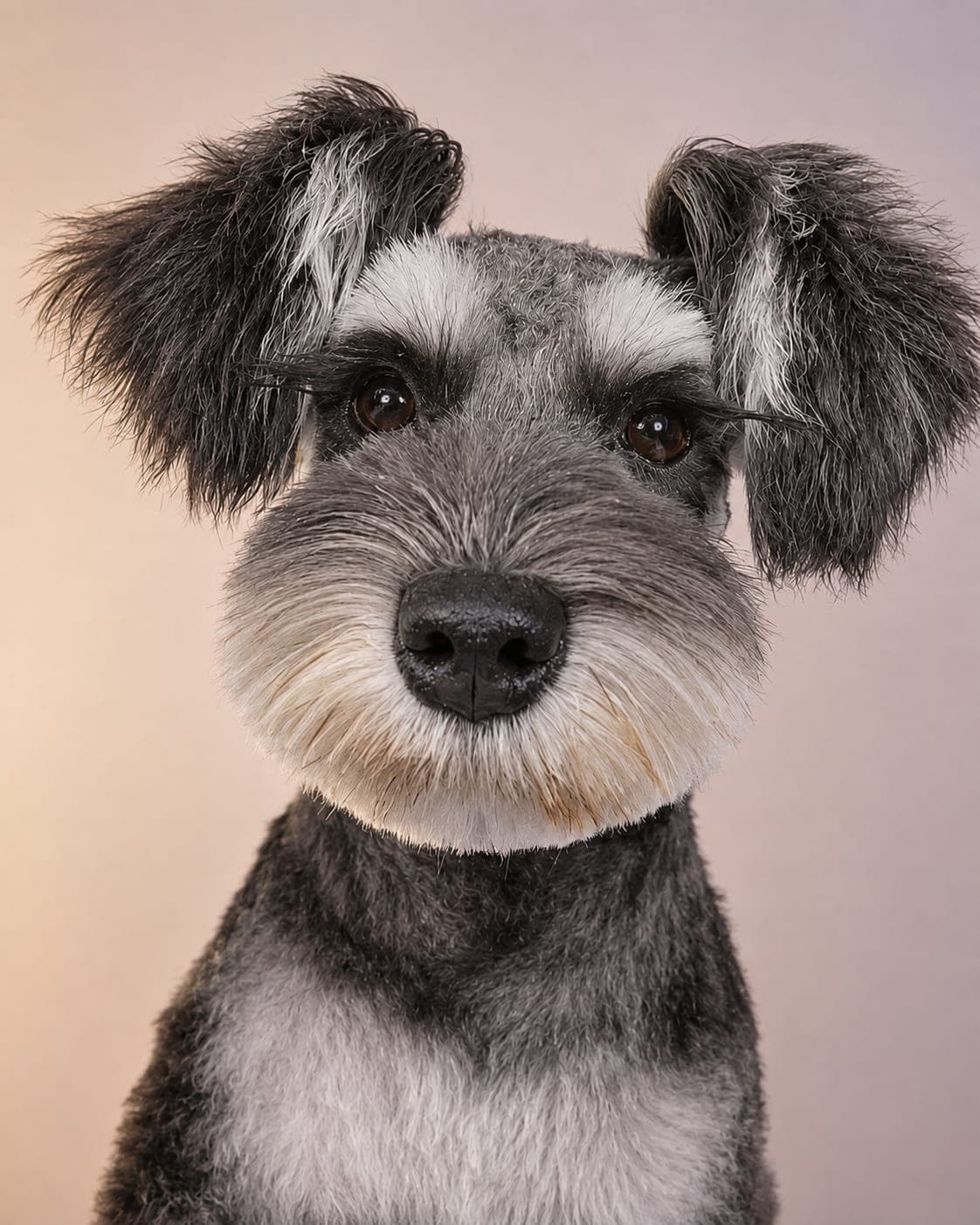 Miniature Schnauzer with a precise salt-and-pepper head finish
