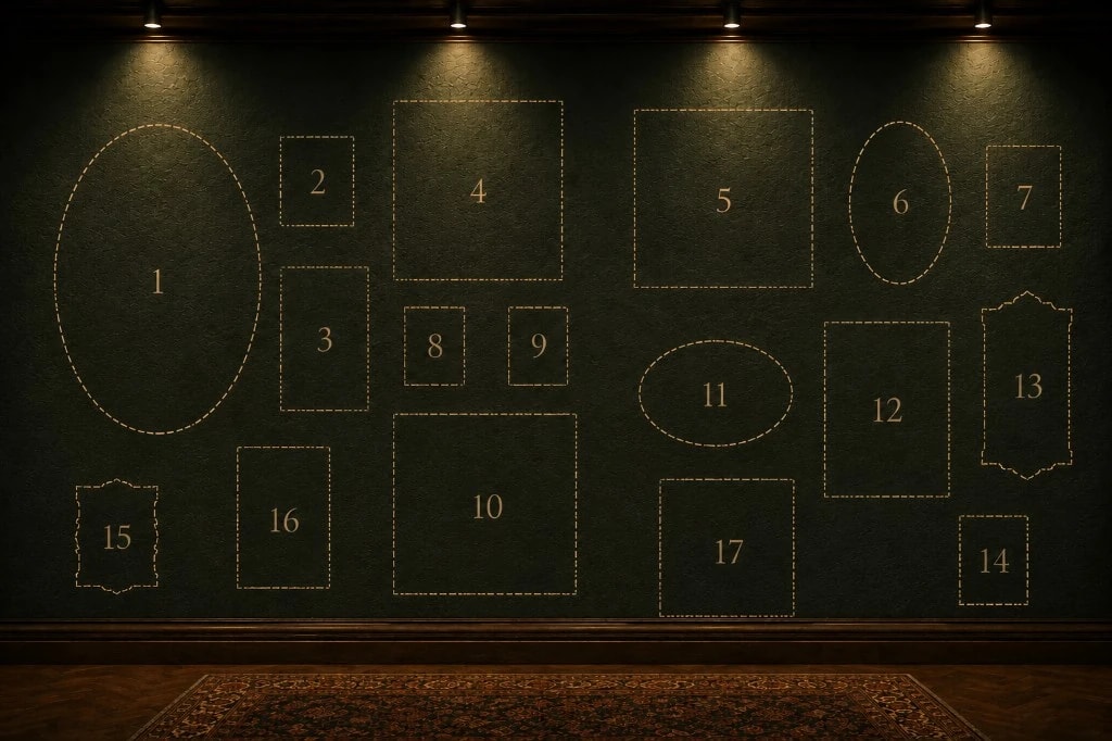 Dark museum gallery wall with warm ceiling lights, a wood floor, a patterned rug, and seventeen numbered photo placeholders