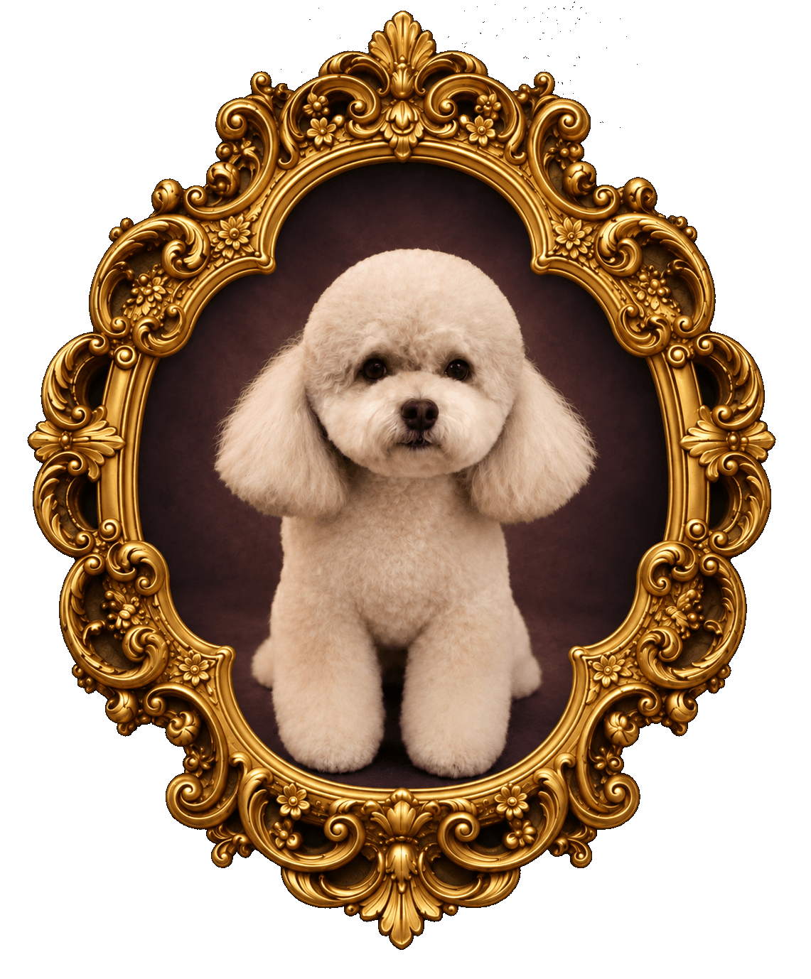 K9 Atelier grooming portfolio — cream poodle portrait in an ornate gold frame