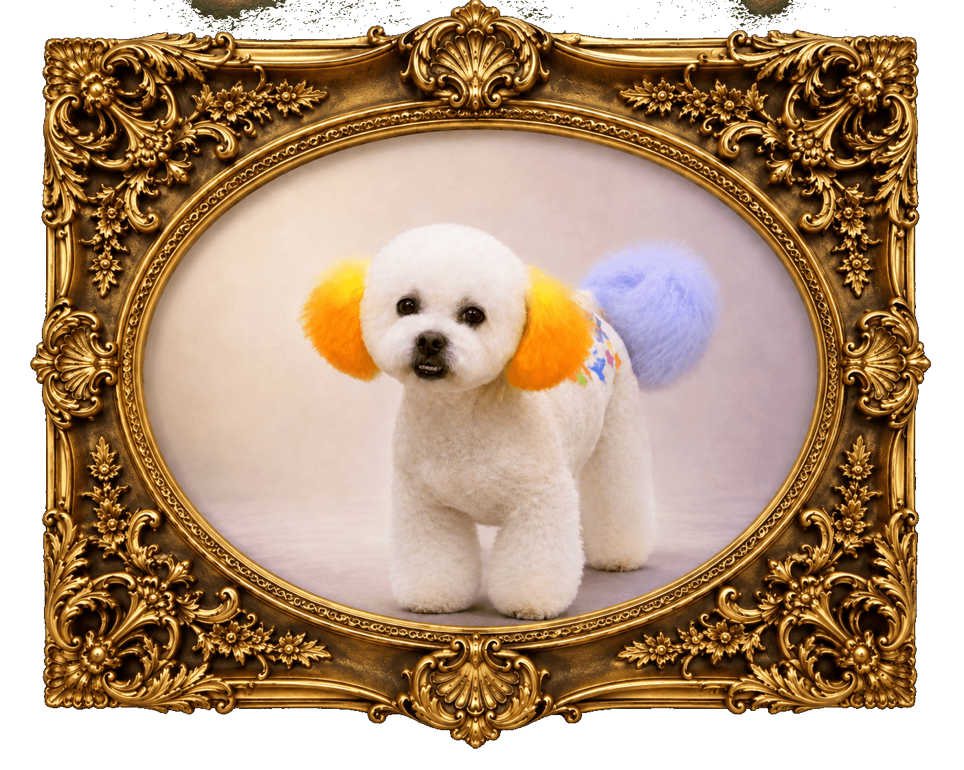 K9 Atelier grooming portfolio — white dog with creative color accents in an ornate gold frame