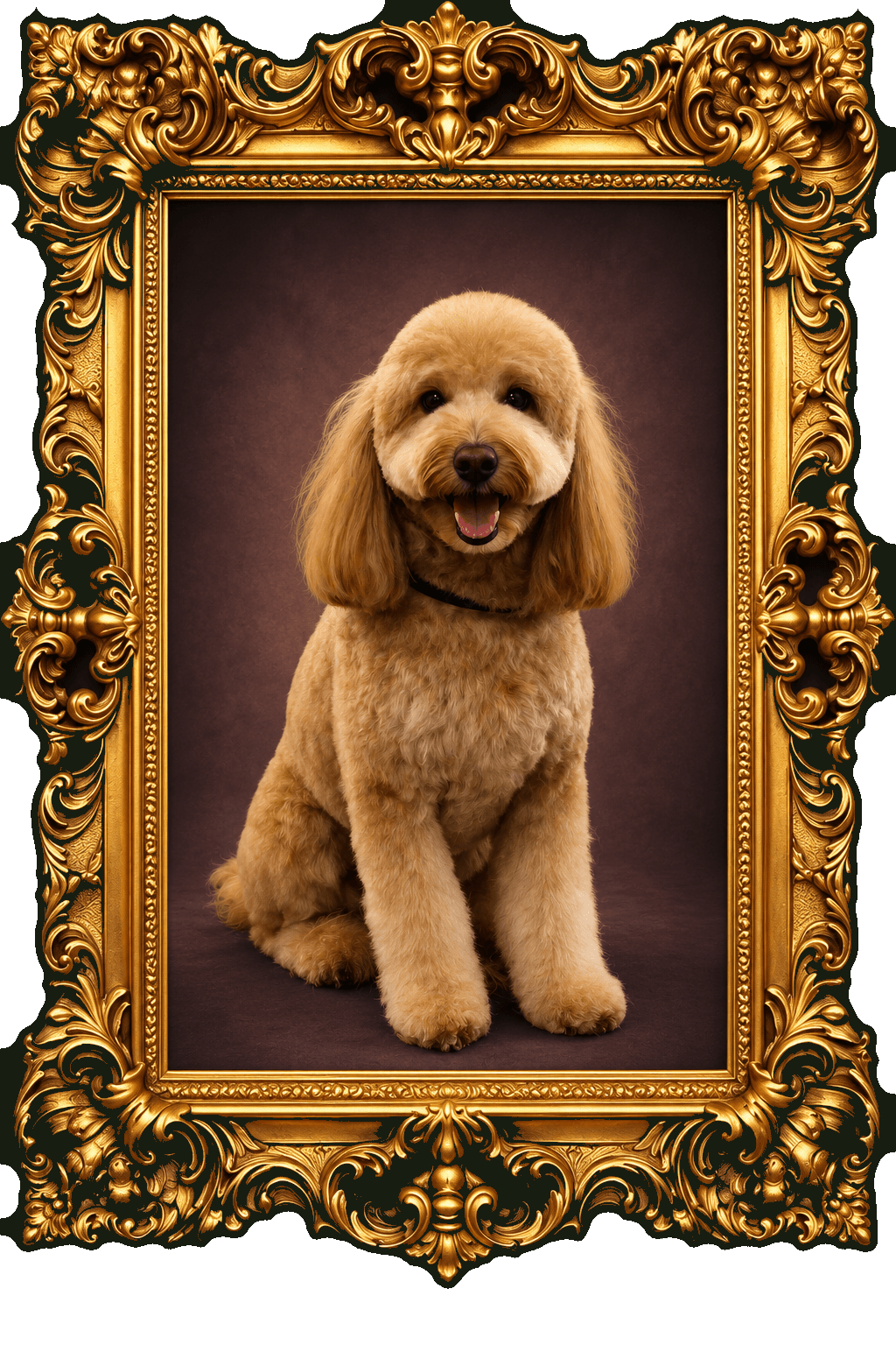 K9 Atelier grooming portfolio — honey-coated doodle in an ornate gold frame